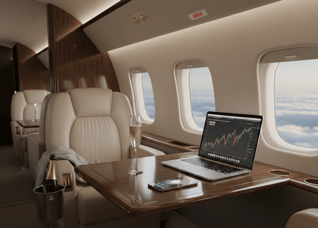 Interior of private jet with champagne, laptop